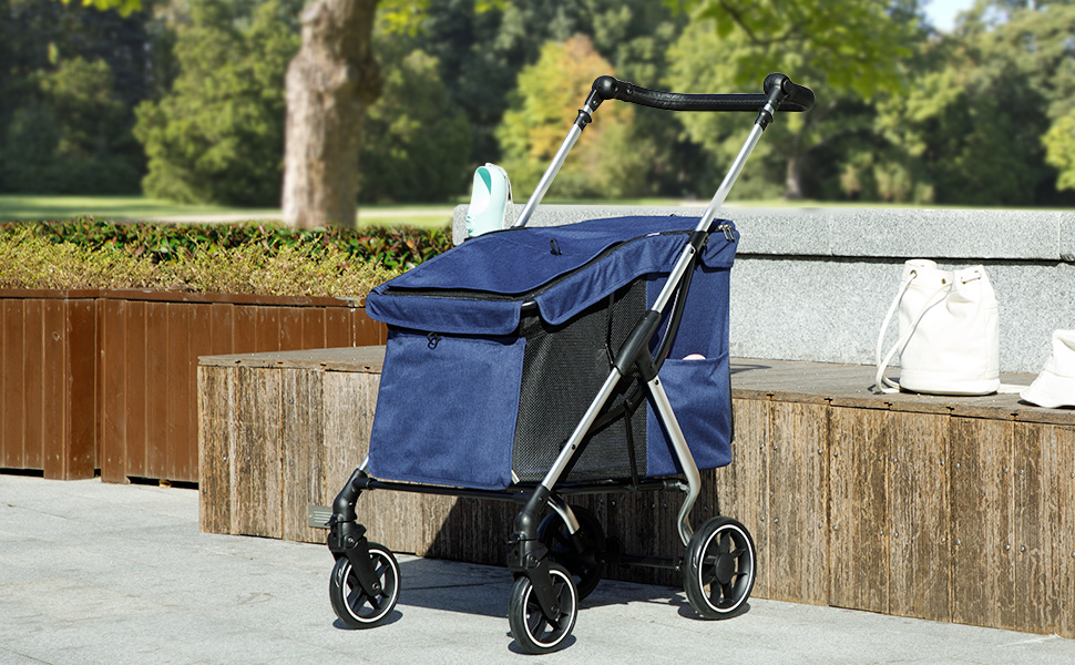 PawHut Легкий візок для собак та котів з алюмінію, склавний, з подушкою, сіткою, дверима та кошиком для зберігання (Блакитний)