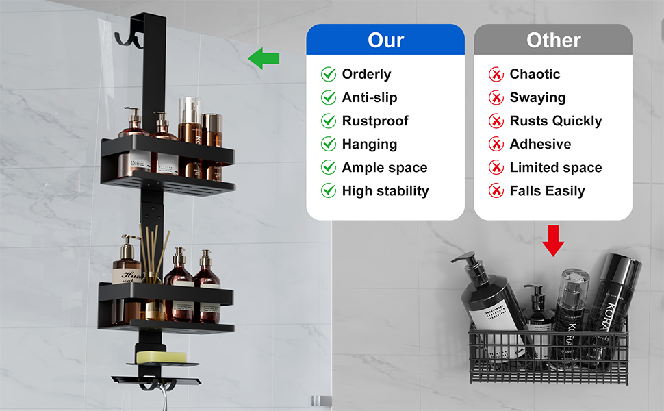 Поличка для душу без свердління, органайзер для ванної кімнати, чорна. Регульована поличка для шампуню та аксесуарів.