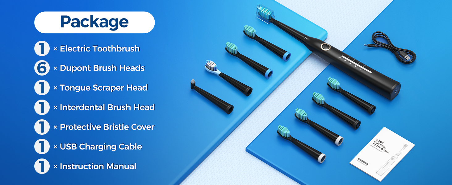 Звукова зубна щітка Schallzahnbürste для дорослих, 8 насадок, 40000 об/хв, 5 режимів, до 30 днів роботи, швидка зарядка, IPX7 водонепроникна, чорна