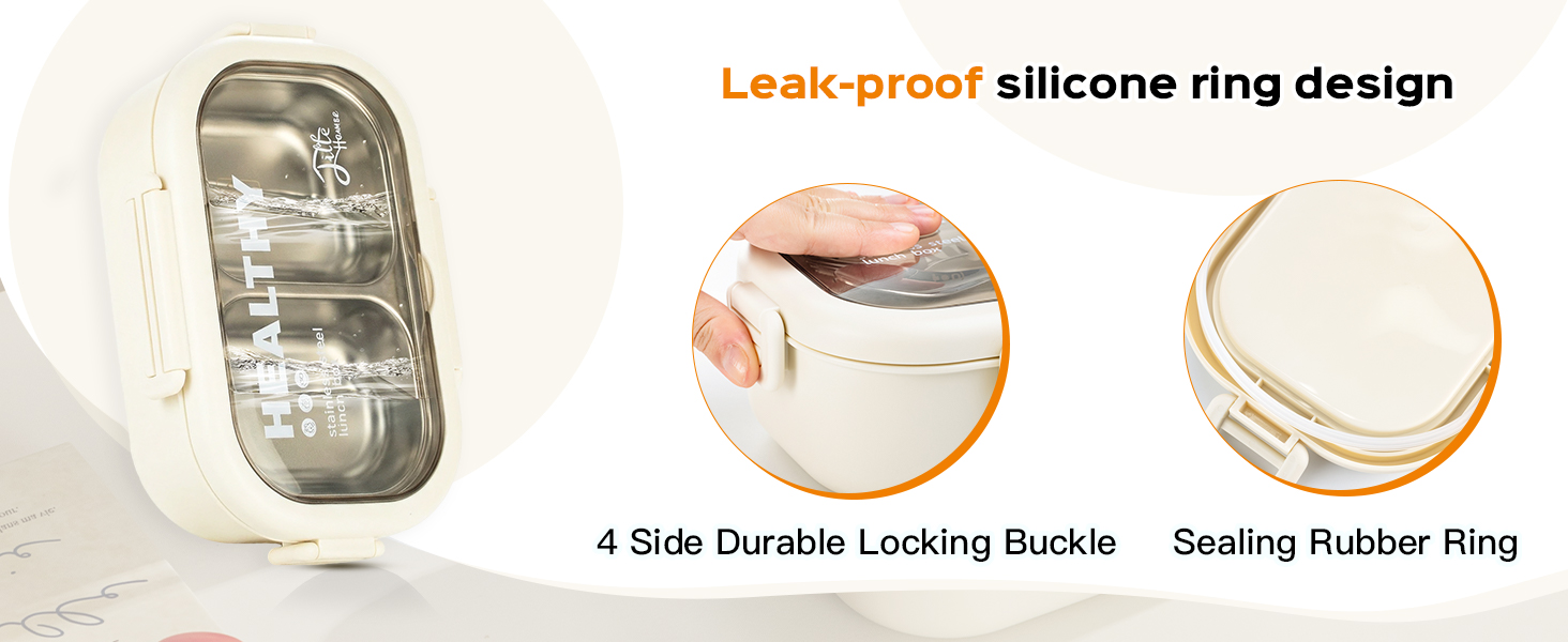 Ланчбокс Lille Home з нержавіючої сталі з 2 відділеннями, 850 мл, витокозахисний, з сумкою та столовим прибором, BPA-free (Бежевий)