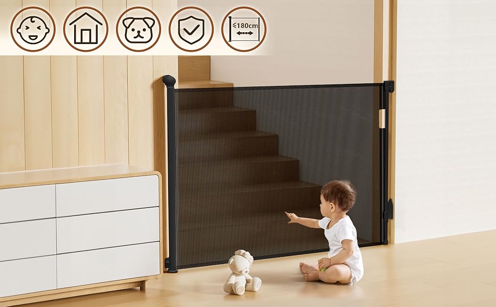 Захист для дитячих воріт, розтяжний, 0-180 см, Vounot. Захист від падіння для дітей, котів та собак. Чорний колір