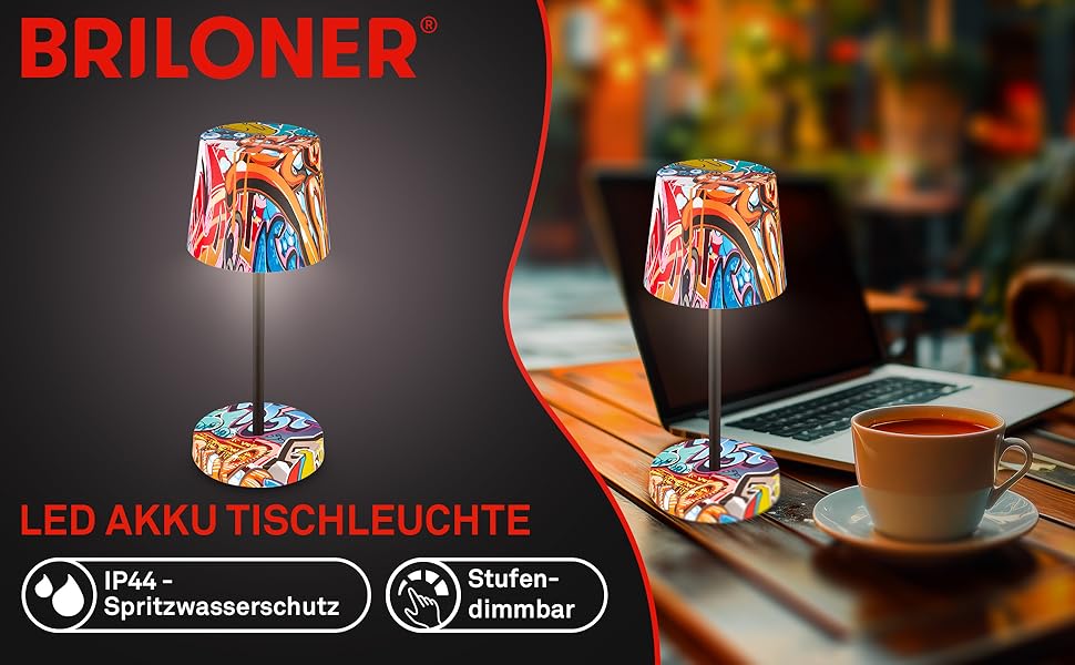 LED настільна лампа BRILONER бездротова, диммируемая, з торшером, для дому та кемпінгу, USB-C, тепле світло, Ø105x260 мм, з мотивом Graffiti