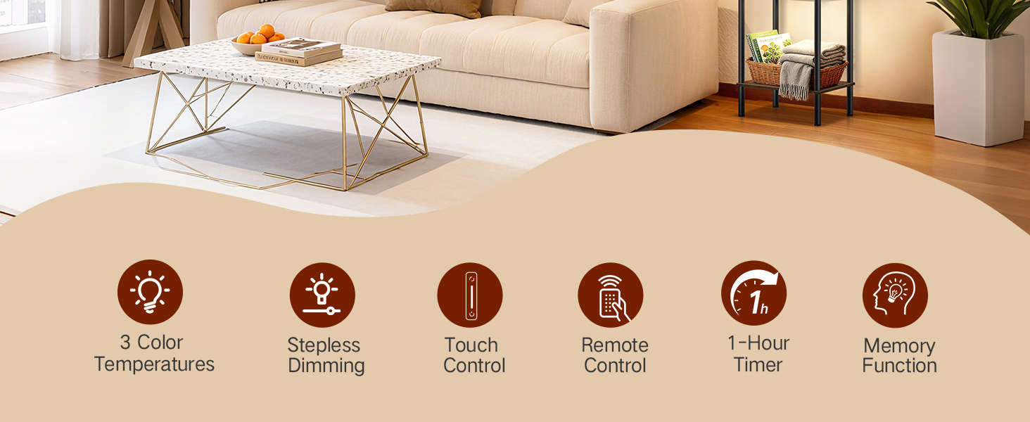 Стійка лампа з полицею, LED, регулювання яскравості, 3 колірні температури, сенсорне та дистанційне керування, полиця для книг, дерев'яна стійка, сучасний дизайн для вітальні, спальні, офісу (Rustic Brown)