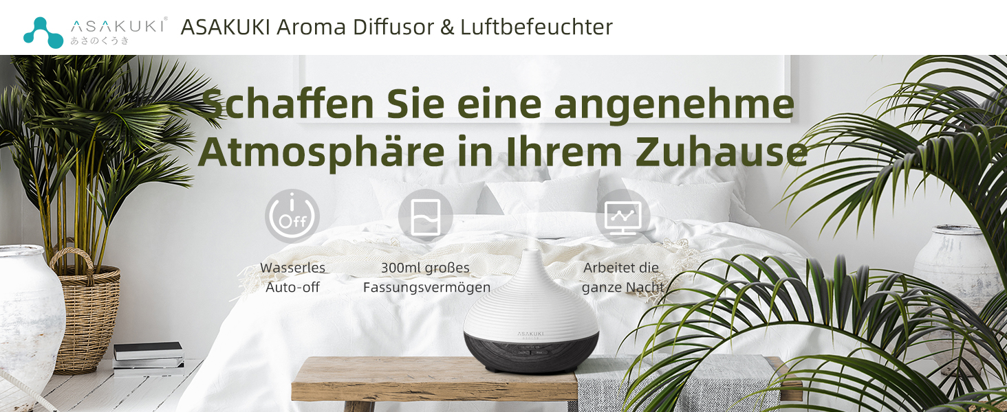 ASAKUKI Дифузор ароматичних олій 300мл, ультразвуковий зволожувач повітря, ароматерапія, LED-підсвічування, без BPA, для спа, офісу, спальні (Чорний)