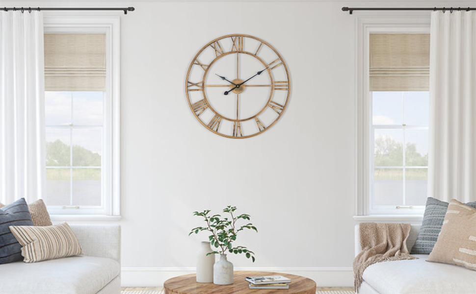 Large European Industrial Vintage Wall Clock with Roman Numerals, Silent No Ticking Sound Metal Wall Clock, Decorative Wall Clock for Living Room, Kitchen, Bedroom - (Bronze, 76cm)