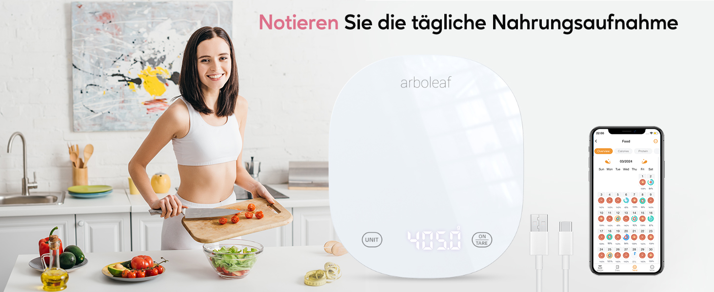 Кухонні ваги Arboleaf Digital з App, 10kg/0.5g, Bluetooth, підрахунок калорій, USB-зарядка, скло, функція тарування (білий)