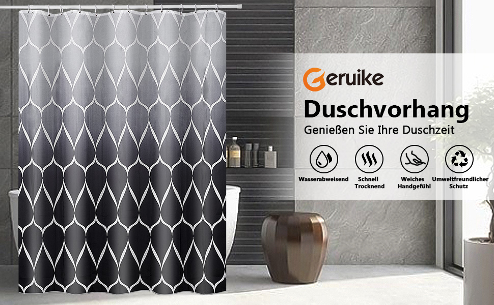 Шторка для душу GERUIKE 180x200 см, водонепроникна, текстильна, з кільцями, поліестер, з вантажем знизу, багатокольорова, для ванни (градієнт чорно-сірий, H200 x B240 см)