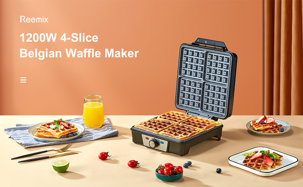 Reemix 4-Waffle Belgian Waffle Maker - 1200W Electric with Non-Stick Plates, Adjustable Temperature & Easy Cleaning, Stainless Steel