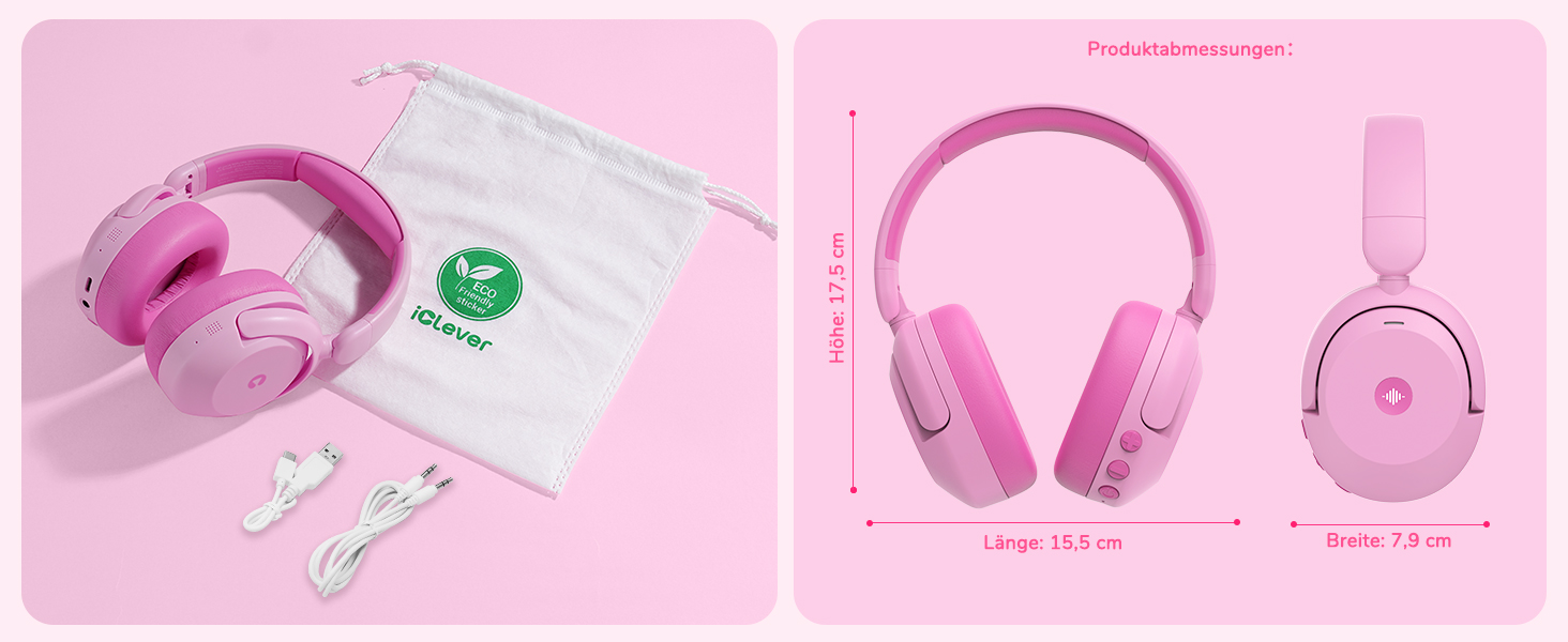 iClever Бездротові навушники з шумозаглушенням для дітей Bluetooth, 60 годин роботи, 80дБ безпечний рівень гучності, зручна посадка, Bluetooth 5.4, AUX кабель для подорожей, білий, зелений, рожевий (C Рожевий)