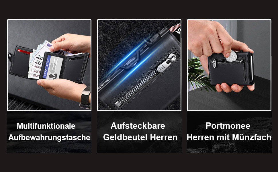 Чоловічий гаманець Portmonee з відділенням для монет, RFID захистом та Slim дизайном, для 9-11 карт, з кишеню для ID та купюр, чорний