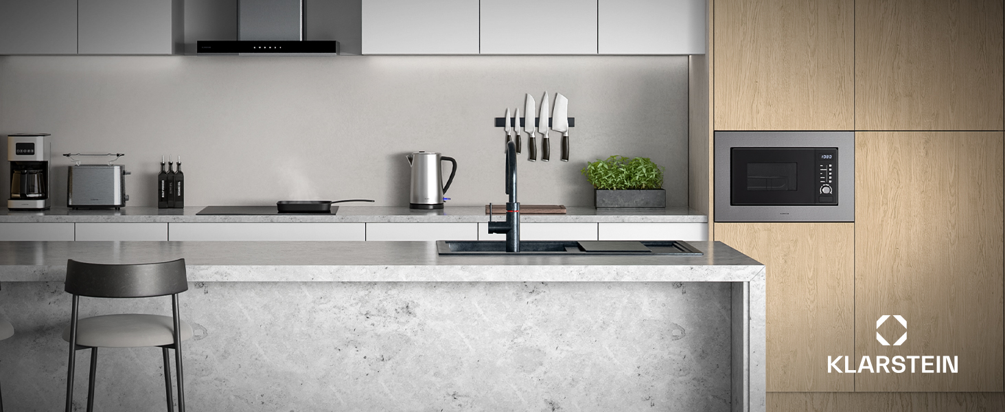 Мікрохвильова піч Klarstein Verosteel вбудована 60 см з грилем – 20L, 700W, 8 програм, сенсорне керування, нержавіюча сталь, функція розморожування, LED-підсвічування