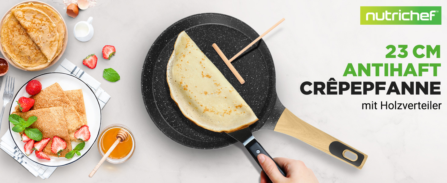 Сковорода для млинців Nutrichef з антипригарним мармуровим покриттям 23 см, індукція, алюміній, з дерев'яною лопаткою