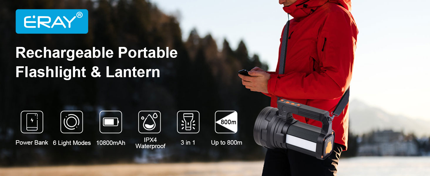 ERAY LED ліхтар-прожектор 11000 лм, акумулятор 9600 мАг, 6 режимів, водонепроникність IPX4, Power Bank, для кемпінгу, туризму, надзвичайних ситуацій, активного відпочинку
