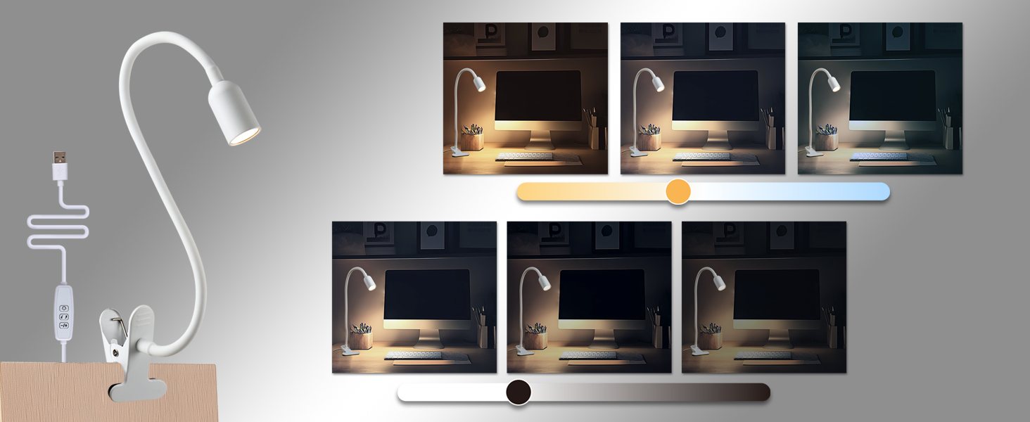 LED Лампа для читання на ліжко з кліпсою da LIGHT, диммер, 3 режими, USB, для навчання, роботи (біла)
