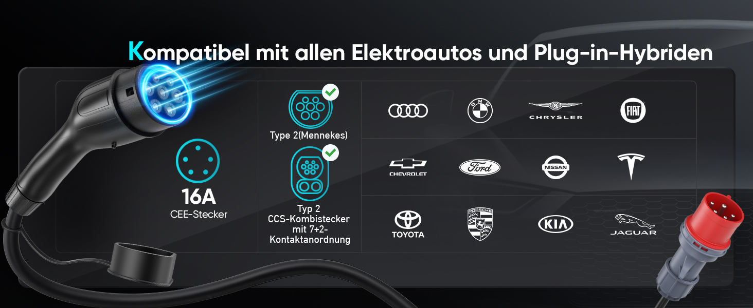 Мобільна зарядна станція для електромобіля 11 кВт (3 фази, IP67, 6-16A, 6м) з кабелем CEE 16A на Typ 2. Регульована потужність, CEE-розетка. Комплект: сумка + кріплення на стіну