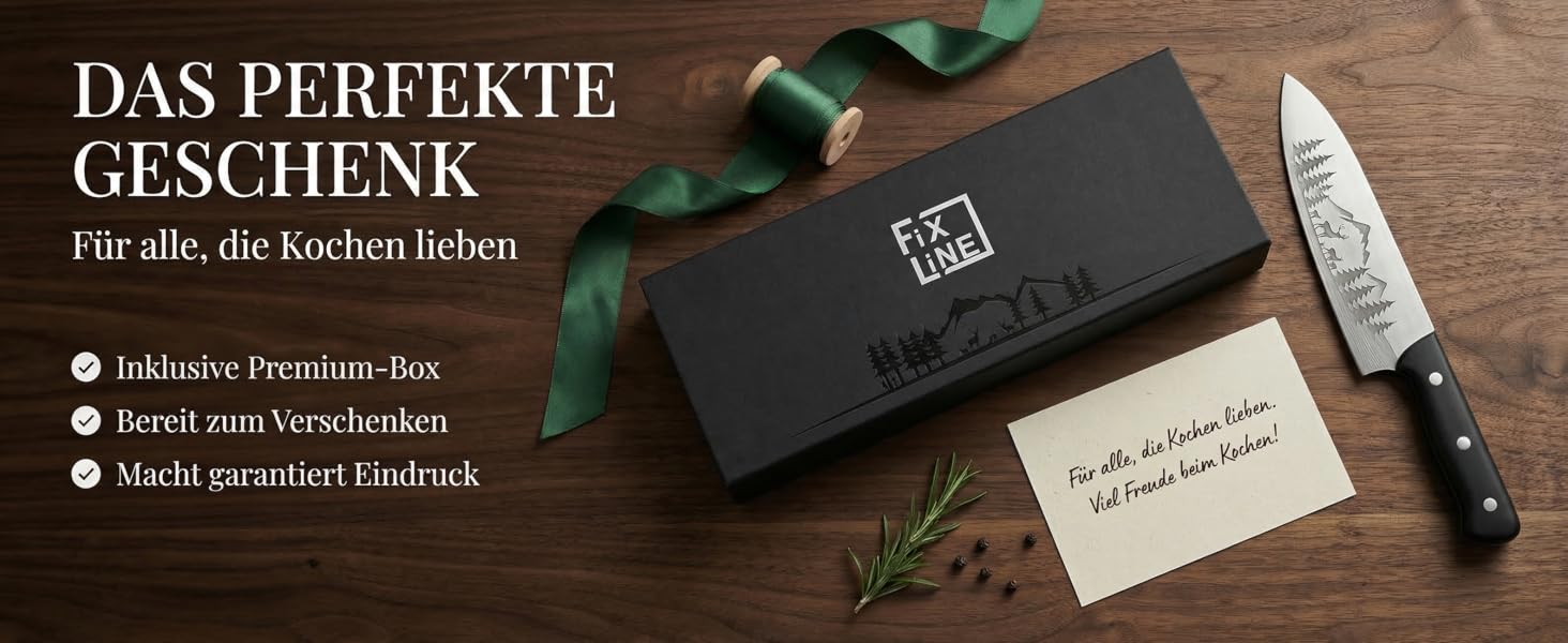Ніж кухарський FIXLINE® Chefmesser 20 см BLACK FOREST Edition – професійний ніж для кухні, нержавіюча сталь, чорна дерев'яна ручка, подарункова упаковка