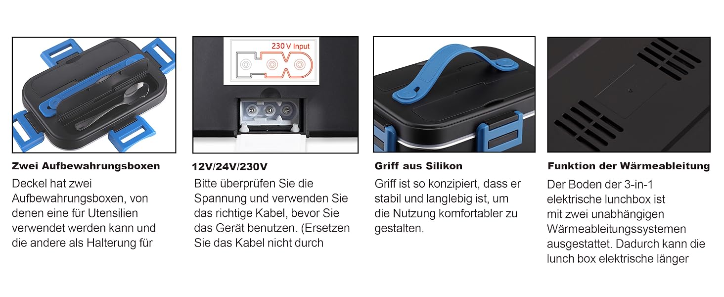 Електрична ланчбокс Kimfead з термоіндикатором, 1.8л, 80W, 12V/24V/230V, для авто/офісу, з сумкою та столовими приборами