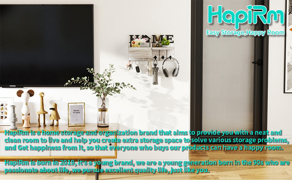 Дерев'яна ключниця HapiRm з декором HOME, 7 гачків, полиця для дрібниць, підходить для прихожої, спальні, офісу (біла)