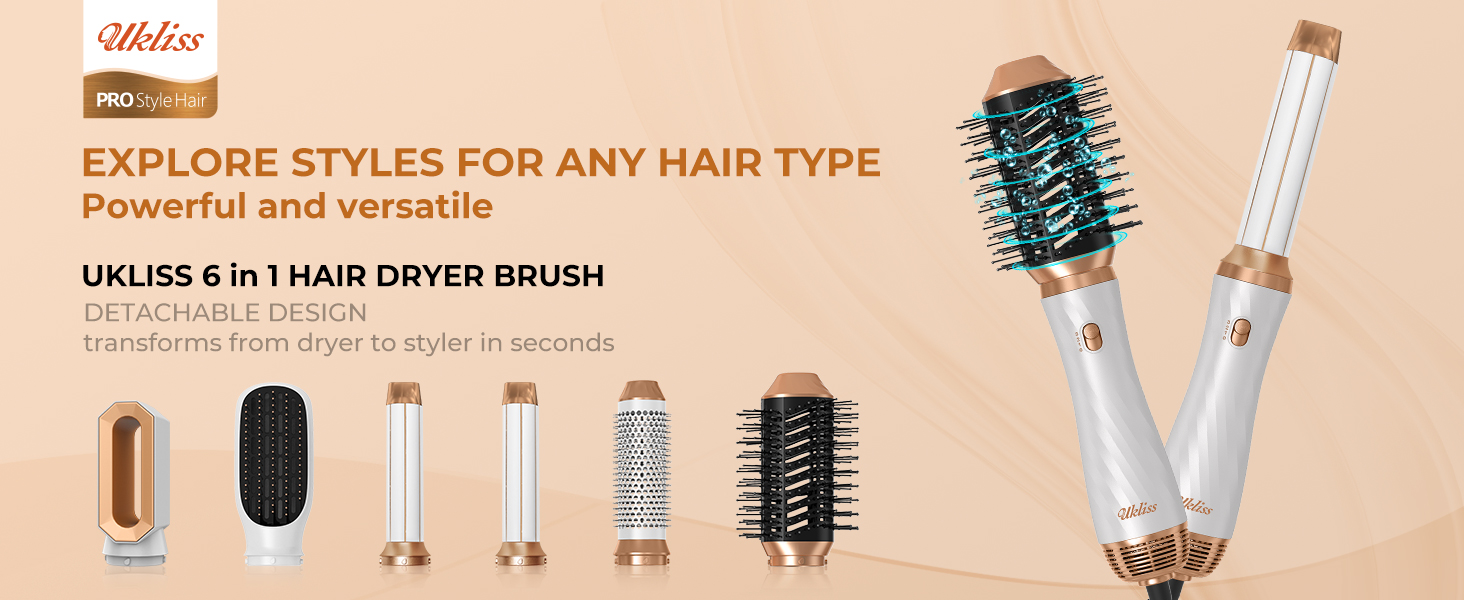UKLISS 6-в-1 Стайлер для волосся з феном Pro, Набір для укладання волосся: плойка, випрямляч, фен, щітка для укладання, автоматична завивка, іонізація, Airbrush, подарунковий набір для жінок, блакитний (золотий)