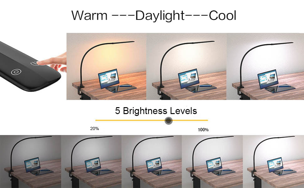 Настільна лампа HOKONE LED з клемою, димер, 4 кольори, 10 рівнів яскравості, гнусий «лебединий шия», 360° регулювання, для офісу, чорна T7-schwarz