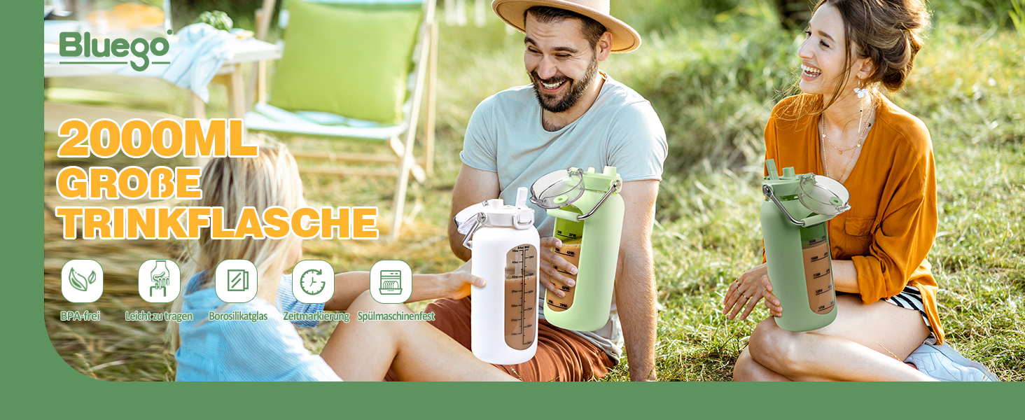 Скляна пляшка для води BLUEGO 2л з нержавіючою ручкою, таймером, силіконовим чохлом і трубочкою, BPA-free, темно-синя – для спорту, офісу, фітнесу