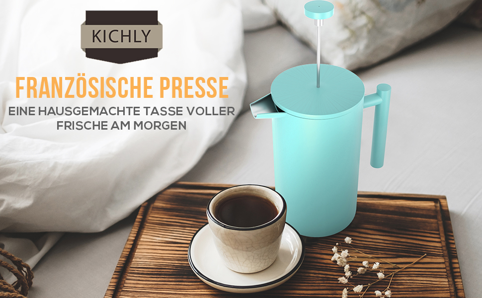 Френч-прес KICHLY 1 л, нержавіюча сталь, ізоляція, блакитний, кавоварка для 4-8 чашок