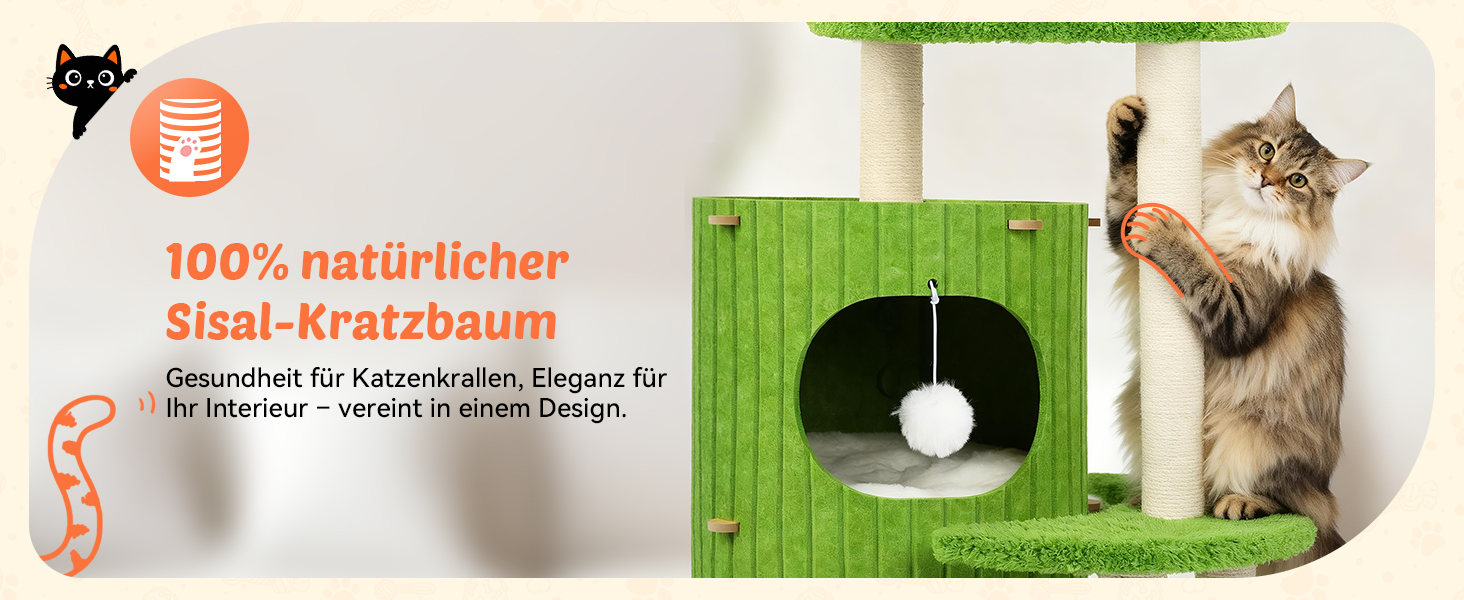Котячий будиночок з подряпувачем Luxus: широка колона з берези, міцний, до 25 кг, сизаль, велике ліжко з подушкою з льону, легко збирається (зелений)
