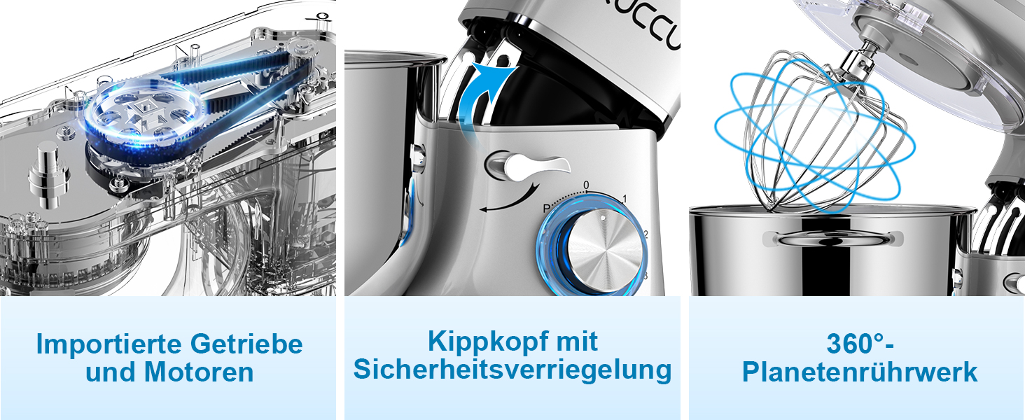 Кухонний комбайн-міксер 1500W з чашею з нержавіючої сталі 7л, планетарний міксер для тіста з 6 швидкостями та набором насадок (гак, вінчик, міксер), сріблястий