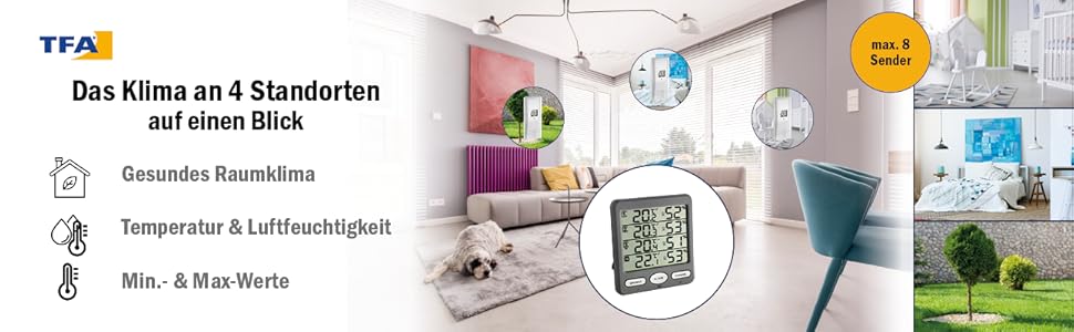 TFA Dostmann Climate Monitor Radio Thermohygrometer with 3 Sensors, Plastic, Grey L 116 x W 24 (64) x H 126 mm
