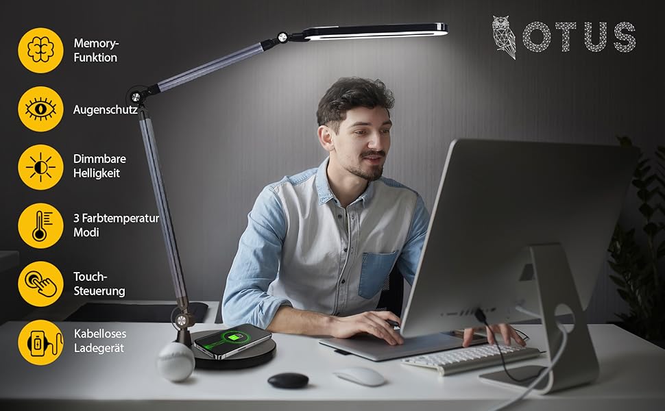 LED лампа для столу OTUS з регулюванням яскравості та бездротовою зарядкою (Qi) | Регульована настільна лампа з 3 кольоровими режимами та 12 рівнями яскравості | Захищає зір для дому та офісу