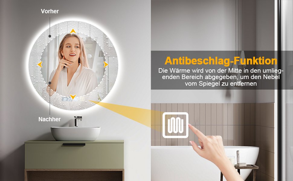 Дзеркало для ванної кімнати Viugreum з підсвічуванням 50x75 см, овальне LED дзеркало, регульована яскравість, 3 кольори світла, протитуманне покриття, годинник, сенсорна кнопка, LED дзеркало для ванної кімнати, вітальні (60 см кругле)