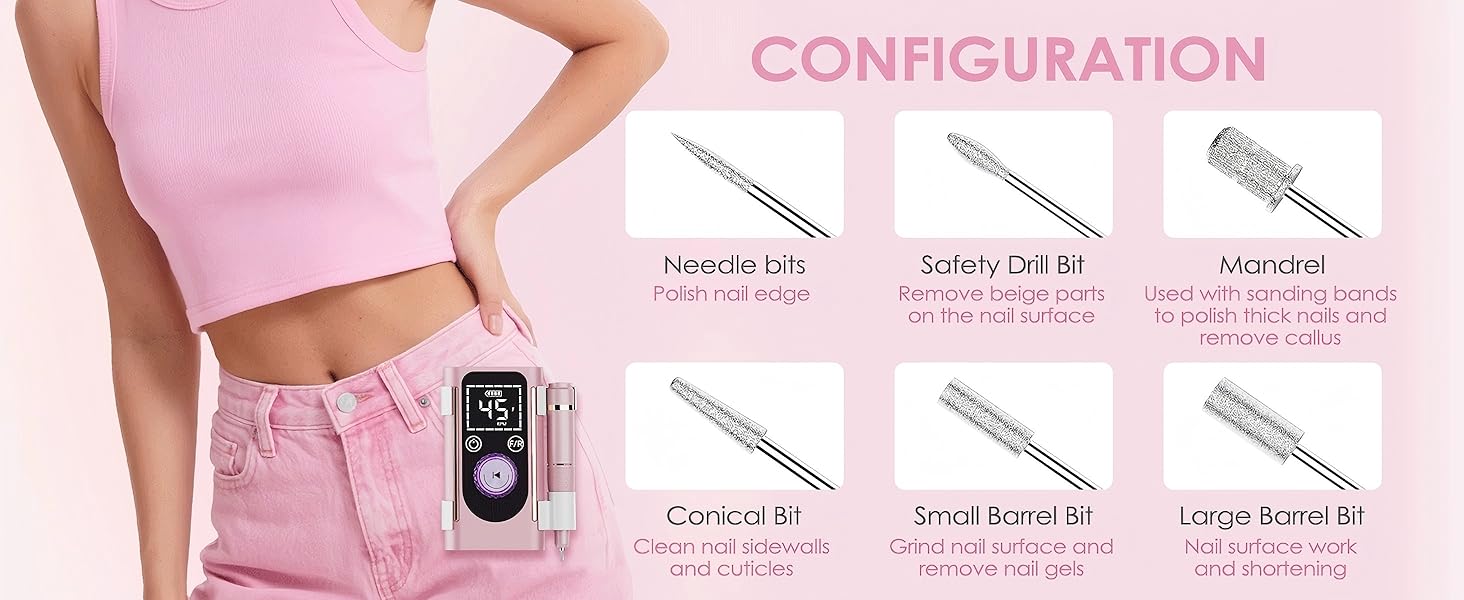 Професійна електрична фрезер для нігтів 45000 RPM, портативна, для манікюру та педикюру, рожева