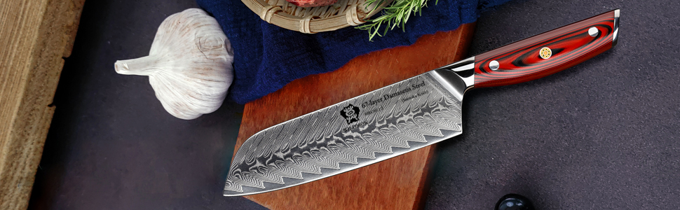 Японський ніж Santoku WILDMOK з дамаської сталі, 17.8 см, професійний для м'яса та овочів, VG10 сталь, Full Tang, G10 рукоятка, серія Song