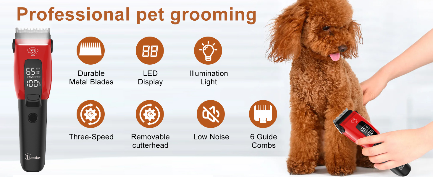 Професійна машинка для стрижки собак Hatteker: електрична, бездротова, з підсвічуванням, 7500RPM, для собак та котів