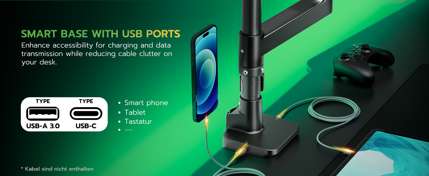 Кронштейн для двох моніторів ARES WING (17-49 дюймів) з USB, вертикальний підвіс один над одним, регулювання висоти, VESA 75/100, до 20 кг на руку, чорний