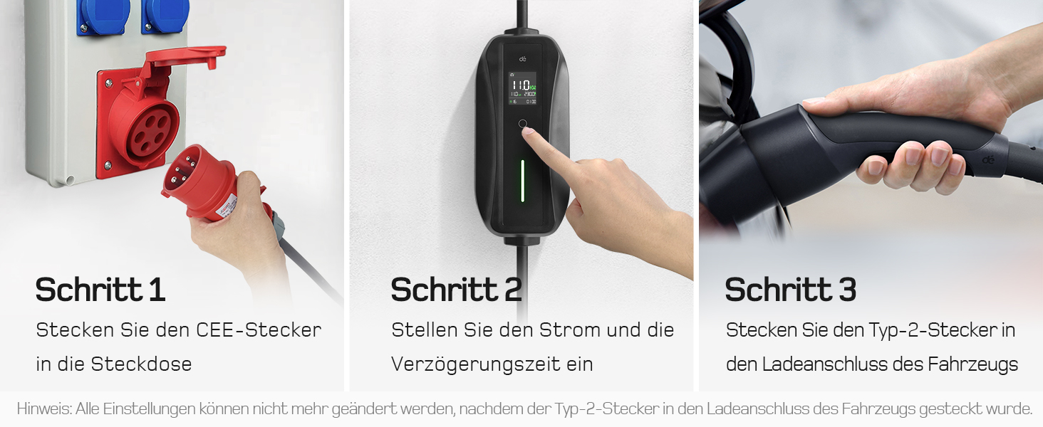 Мобільна зарядна станція для електромобілів Dé 11 кВт (3 фази, 7м, 6-16A) з регулюванням потужності, кабель CEE 16A на Typ 2, сумісна з Model Y/3, ID.3/4/5, MG4, EX30, e-up, e-tron, Zoe та іншими електромобілями