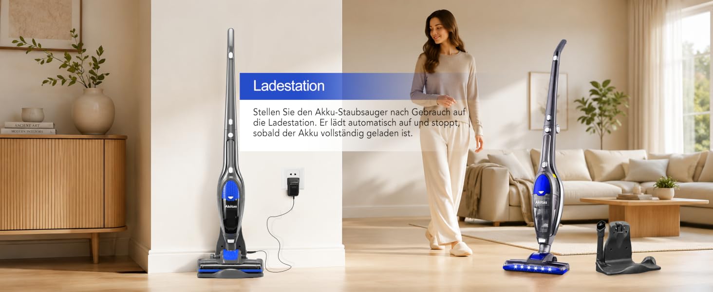 Акумуляторний бездротовий пилосос Akitas V10A з BLDC-мотором 450W, потужність всмоктування 45kPa, LED-щітка з зеленим світлом, для килимів, твердих підлог та шерсті тварин