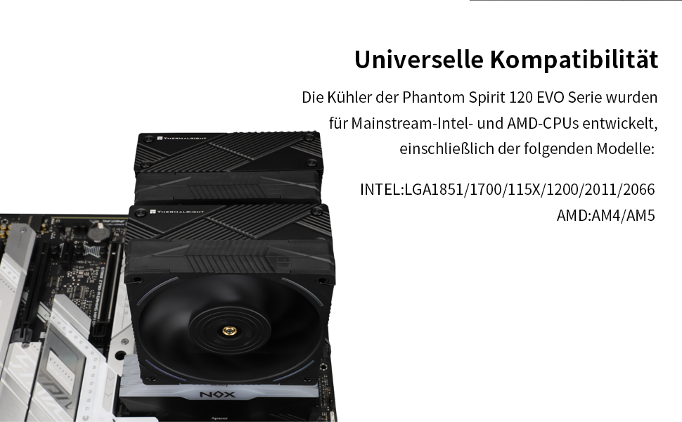 Кулер для процесора Thermalright Phantom Spirit 120 EVO, 7 теплових трубок, 2 PWM вентилятори, 2150 RPM, сумісність з AMD AM4/AM5 та Intel LGA 115X/1200/1700/1851/20XX, чорний