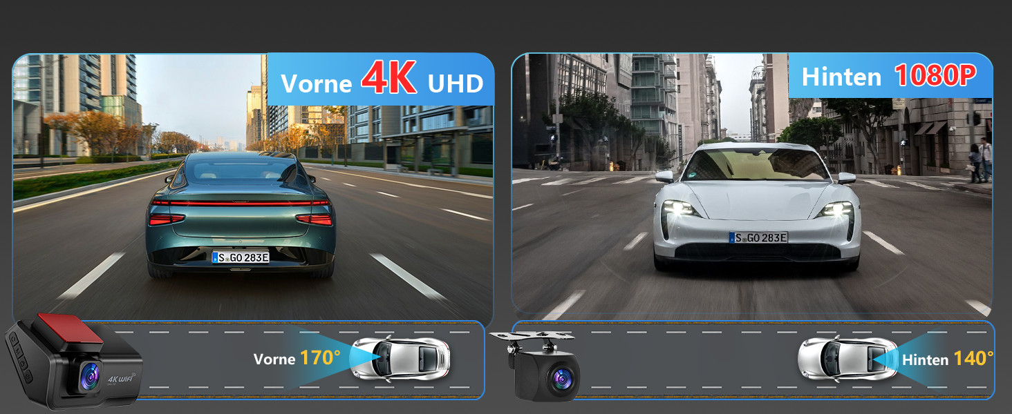 Відеореєстратор Chortau Dashcam 4K+1080P з двома камерами, WiFi, LCD 3 дюйми, 64GB SD, Нічне бачення, G-сенсор, Park Mode