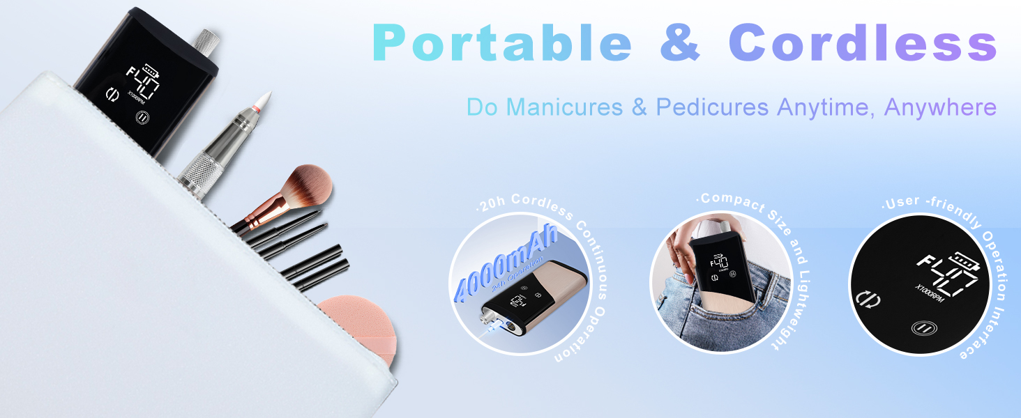 Професійний фрезер для нігтів ENGERWALL M95G: 40000 об/хв, акумулятор 24 год, бездротовий, з LCD, для гелю та акрилу