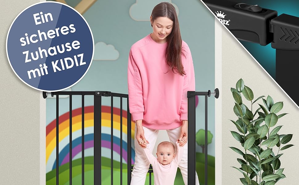 Захисне ворота KIDIZ для котів з люком, захист для дверей, ворота на сходи для дітей без свердління | Зупинка 90°, поворотні, білий колір, ширина (88-101 см)