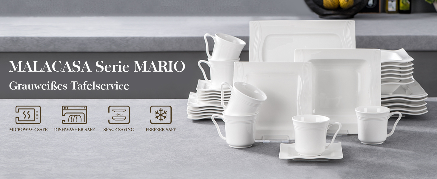 MALACASA 30-Piece Porcelain Dinnerware Set - Classic White Dinner Set with Coffee Cups, Saucers, Dessert Plates, Soup Bowls & Dinner Plates