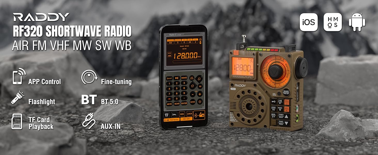 Радіо Raddy RF320: короткі хвилі, FM/AM/VHF/SW/AIR, Bluetooth, TF-карта, перезаряджається, портативне, з антеною 3м, навушники, ліхтарик, SOS, жовте