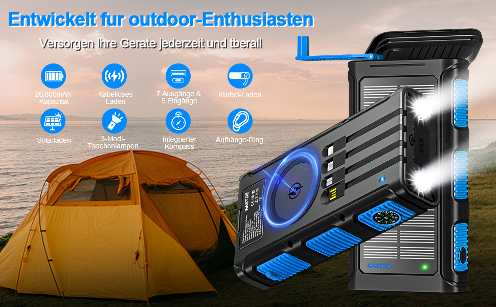 Сонячний Power Bank 26800 mAh з ручкою та 4 кабелями, USB-C, 7 виходів, 4 входи, для телефону, Outdoor, водонепроникний, зовнішній акумулятор для кемпінгу (Синій)