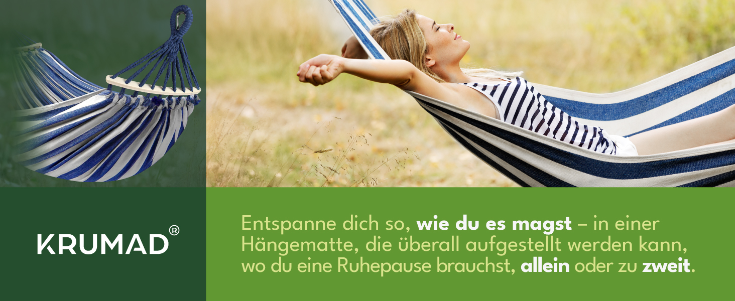 Гамак KRUMAD 260 см, до 250 кг, вологостійкий, бавовна-поліестер, для саду, балкону, кемпінгу, з дерев'яними розпірками та сумкою (блакитно-білий, без каркасу)