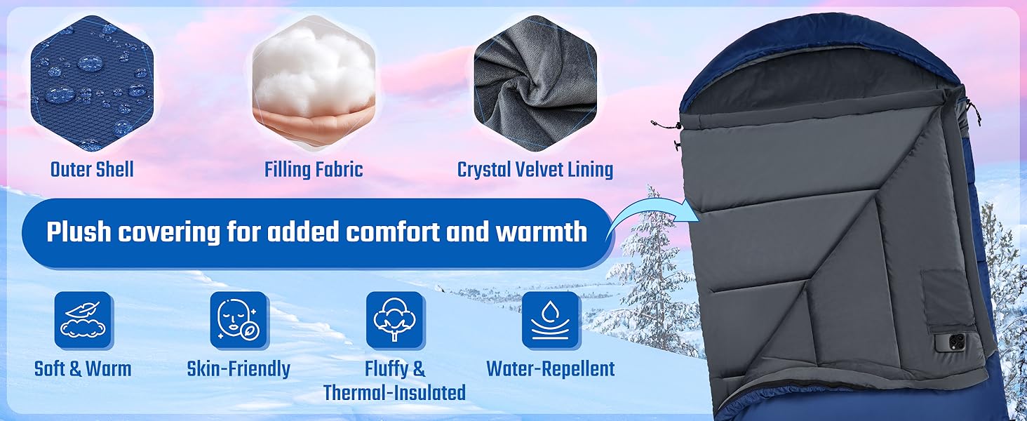 Спальний мішок зимовий XXL 230x90 см з капюшоном та підкладкою Kristallsamt для дорослих, -5°C