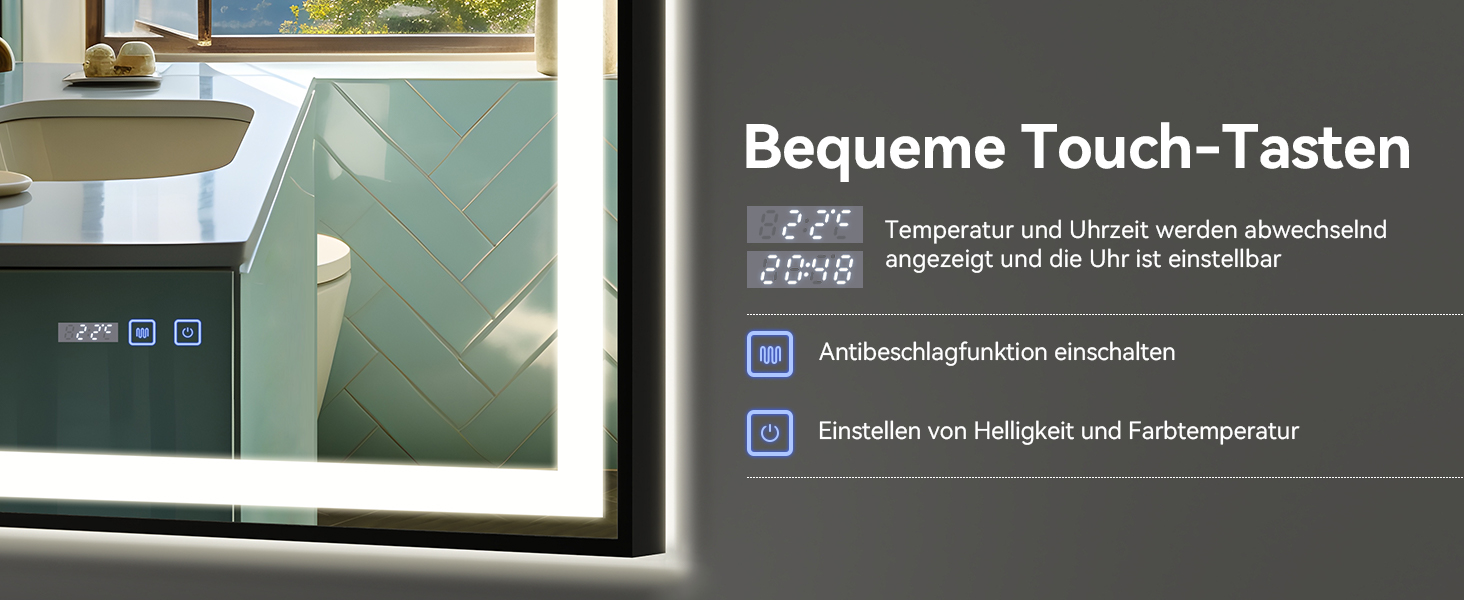 Дзеркало для ванної кімнати YU YUSING з підсвічуванням 60x80 см, антизапар, 3 кольори світла, регулювання яскравості, LED-дзеркало з годинником, IP44, вертикальне, срібло (чорний металевий каркас, 70x50 см)