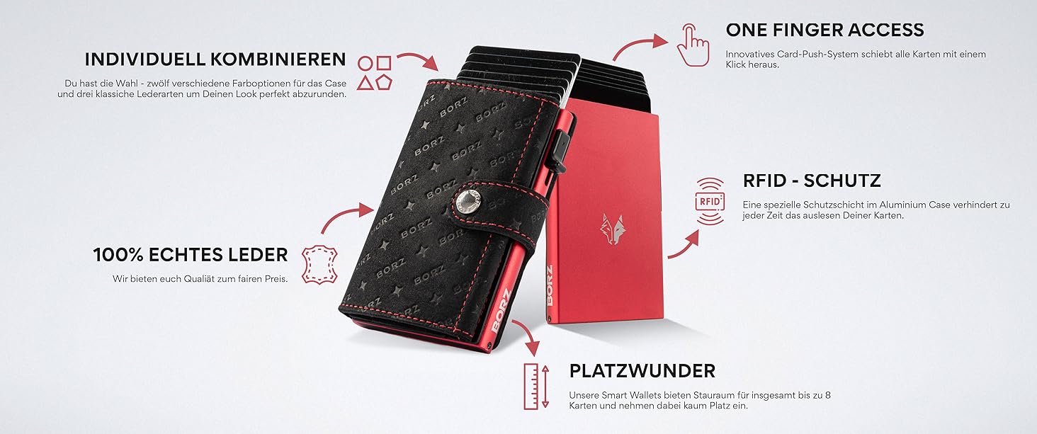 Крутий чохол-картхолдер BORZ Prime для AirTag з відділенням для монет, цифровою візитною карткою, захистом RFID, карбоном та червоною строчкою. Slim, шкіряний, з червоною строчкою.