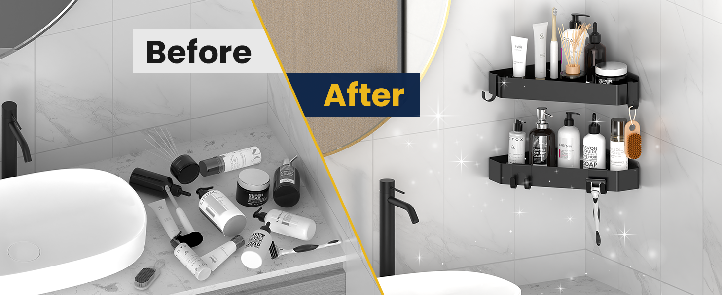 Поличка для душу без свердління, кутова, з металу, 2 шт. Двоярусний кутовий органайзер для душу з 4 гачками, чорний набір