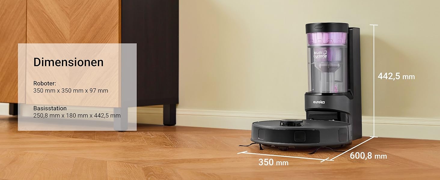 Робот-пилосос EUREKA E20 Plus чорного кольору з функцією миття підлоги, LiDAR-навігація, 4000Pa, автопідняття мопа, керування через додаток та голосовий помічник, ідеально для видалення шерсті тварин